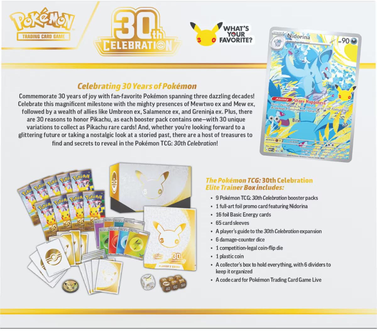 Pokémon TCG: 30th Celebration Elite Trainer Box (1 tarjeta promocional de arte completo, 9 paquetes de refuerzo y accesorios premium)