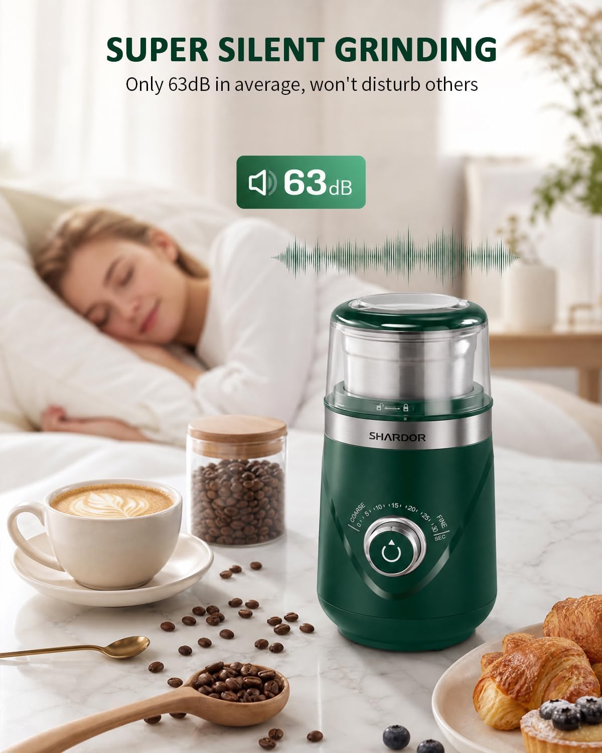 SHARDOR Molinillo de café eléctrico de hoja súper silenciosa, perilla giratoria de control de molienda temporizada, ajustable grueso a fino para granos de café, especias y hierbas, con 2 cuencos de