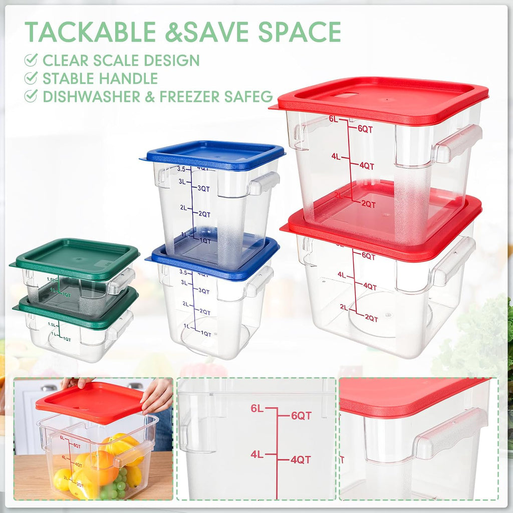 Lallisa 6 recipientes de almacenamiento de alimentos con tapas, recipientes de alimentos cuadrados transparentes con asas, contenedor de policarbonato para restaurante, juego de almacenamiento de cereales comerciales para cocina, 2, 4 y 6 cuartos de galón