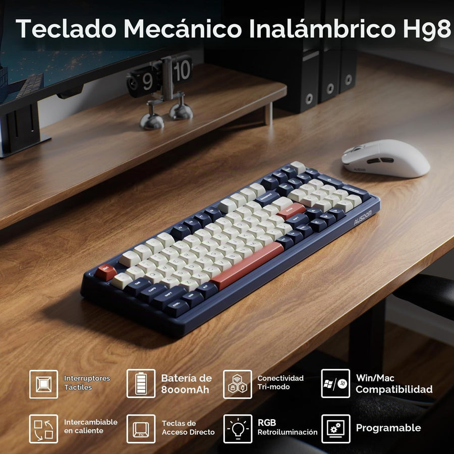 AUSDOM Teclado mecánico Bluetooth inalámbrico H98, BT5.3\/Type-C\/2...