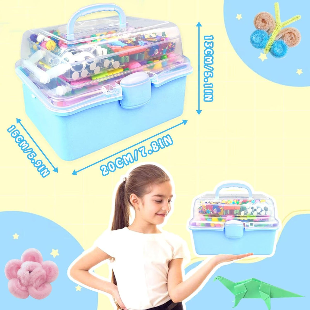 3000 piezas de suministros de arte y manualidades para niños, kits de manualidades con limpiapipas, suministros de manualidades, todo en caja de manualidades de 3 capas, manualidades DIY para niños de