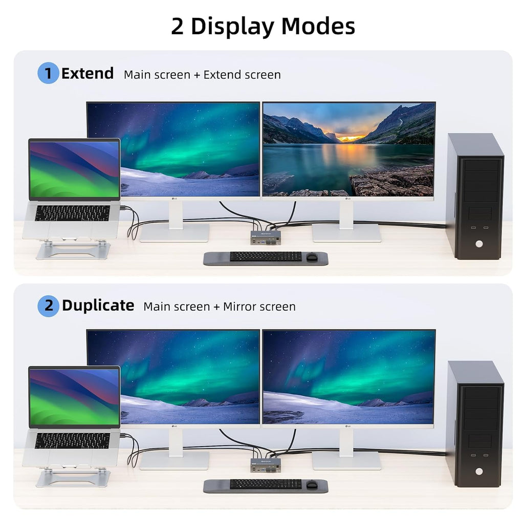 Conmutador KVM 2 monitores 1 ordenador portátil 1 escritorio