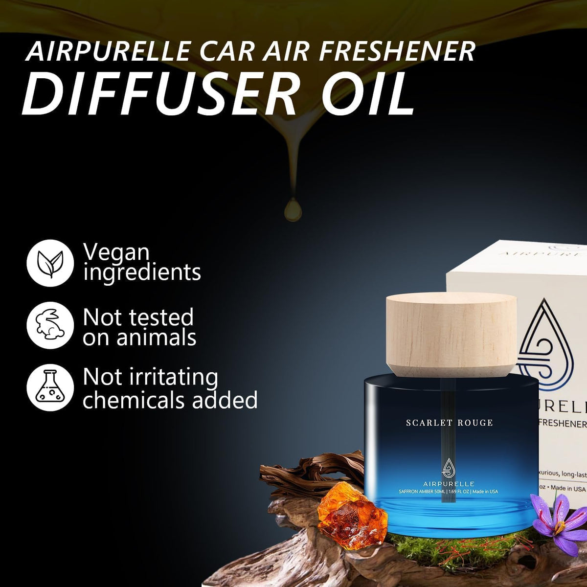 Ambientador de aire para automóvil de 1.7 fl oz (1.7 onzas líquidas) - Ambientador de aire para automóvil, difusor de aire de aceite de fragancia de ámbar azafrán para automóvil, fragancia de larga duración de más de 180 días, ambientador de aire para
