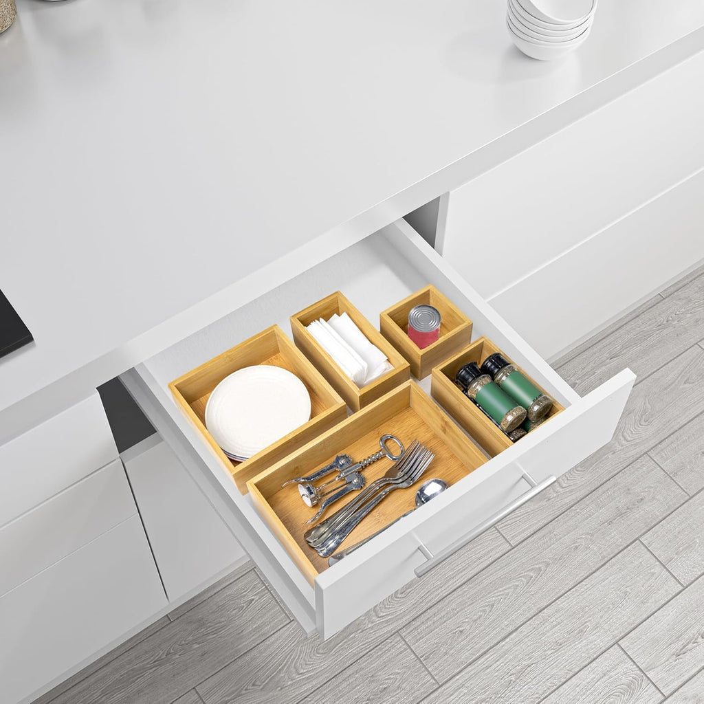 VaeFae Juego de 5 organizadores de cajones de bambú, caja organizadora de 5 tamaños, contenedores de almacenamiento para cocina, baño, oficina, dormitorio y sala de estar