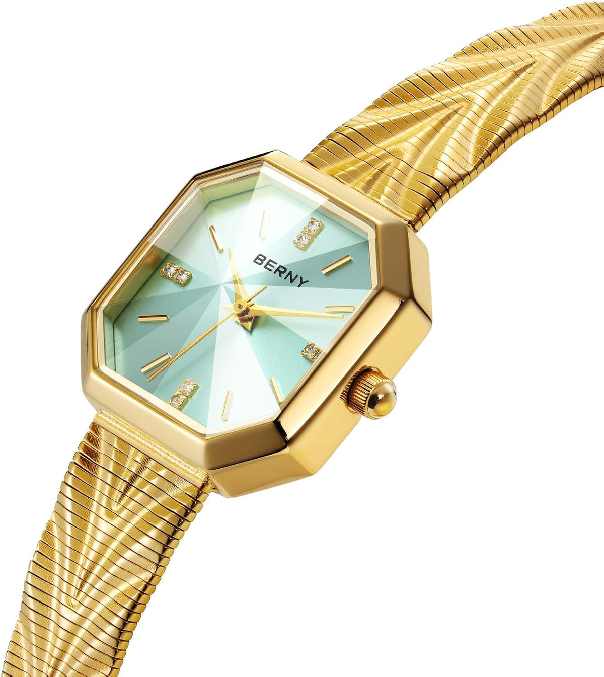BERNY Relojes de oro vintage para mujer, reloj de pulsera octogonal delicado para mujer, relojes analógicos de cuarzo para muñecas pequeñas, impermeable, esfera de rayos solares de acero inoxidable