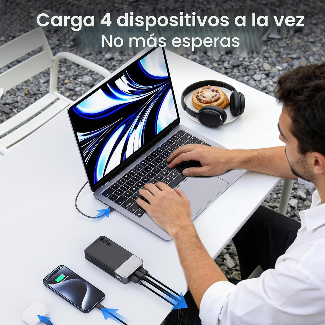 NOBIS Cargador portátil, 65 W, 20000 mAh, carga rápida, PD QC, 2 US...