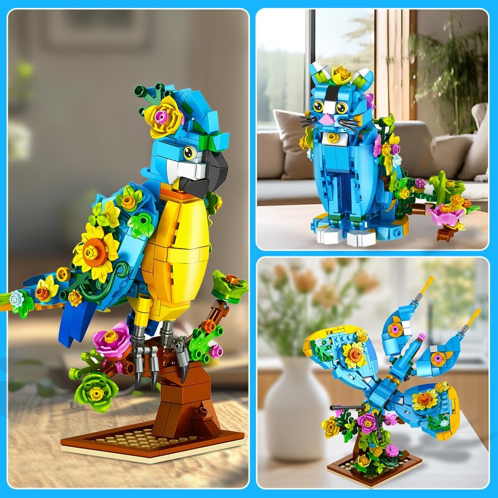 Juego de construcción 3 en 1 diseño de flores gatos loros