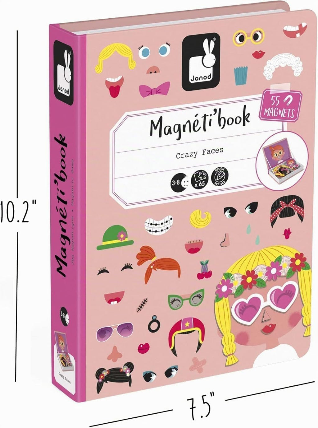 Janod MagnetiBook - Juego de 66 piezas magnéticas para niñas de 3 años en adelante, juego creativo, mejora la creatividad y el aprendizaje, incluye 55 piezas magnéticas y 10 tarjetas