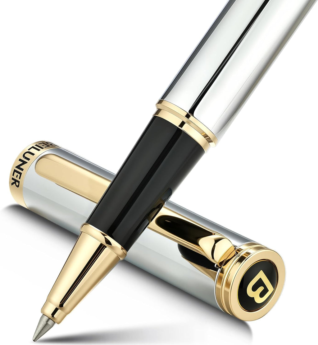 BEILUNER - Bolígrafo de lujo con bola de rodillo, impresionante diseño de cromo plateado con acabado en oro de 24 quilates, diseños nobles y elegantes, repuesto de tinta Schneider, el mejor bolígrafo