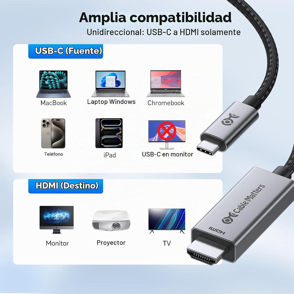Cable Matters Cable USB-C a HDMI 2.1 unidireccional de 48 Gbps, 6 pies