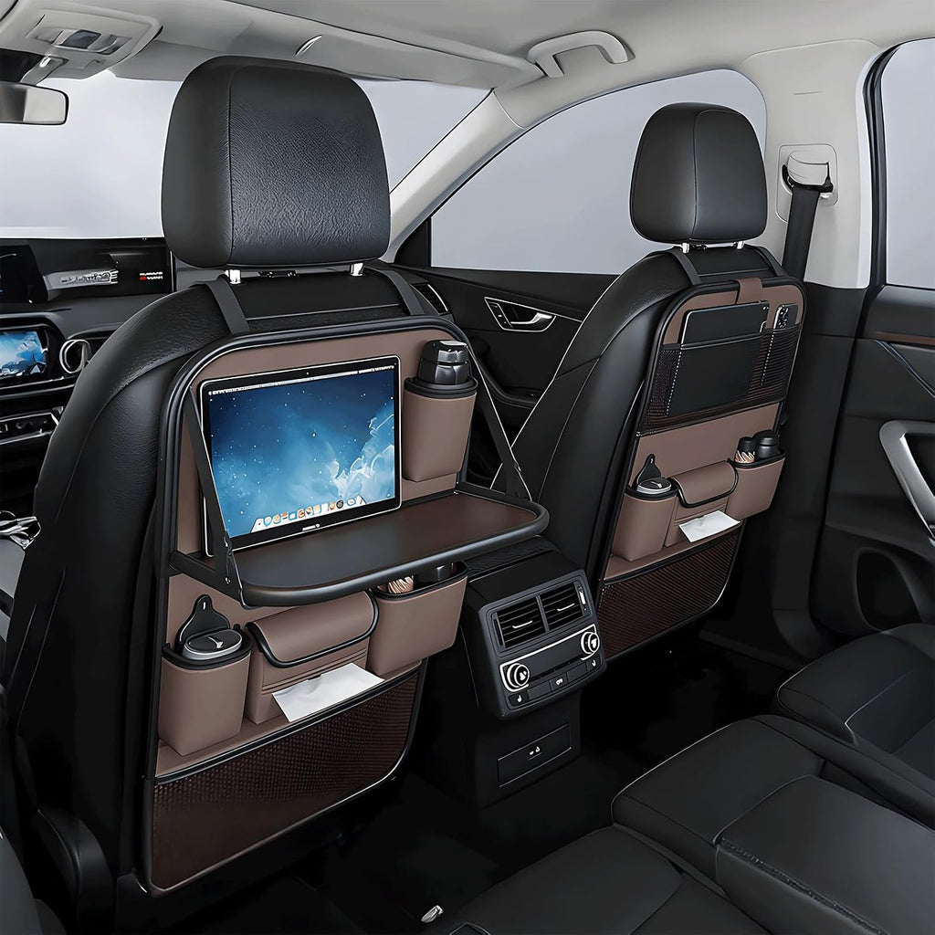 Paquete de 2 organizadores universales plegables para asiento trasero de automóvil con bandeja de mesa, protector de asiento de automóvil con soporte para teléfono para pantalla táctil, alfombrillas de cuero de primera calidad con bolsillos de