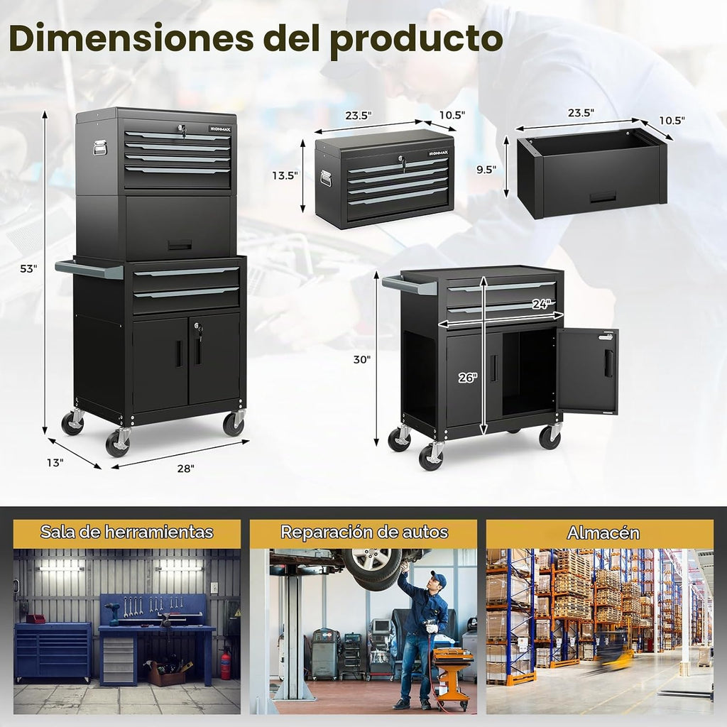 Goplus Cofre de herramientas, 6 cajones 3 en 1, gabinete de almacenamiento de herramientas extra grande con ruedas universales bloqueables de 4 pulgadas, bloqueo automático, forro protector, caja de