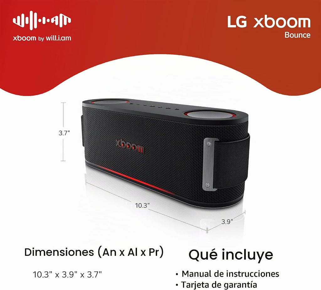 LG xboom Bounce by will.i.am, altavoz Bluetooth portátil para deportes y atletas, hasta 30 horas de reproducción, IP67 resistente al polvo y al agua. Perfecto para baloncesto
