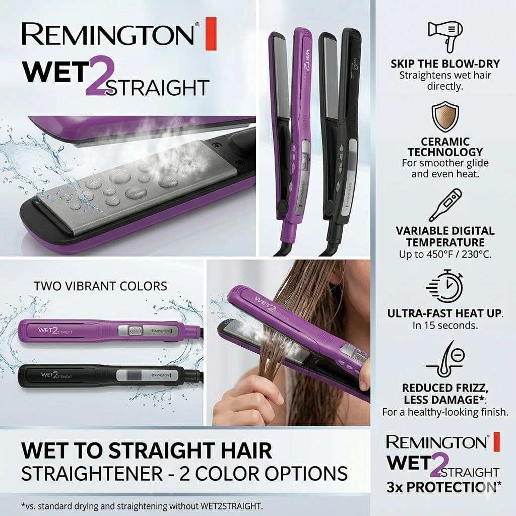 Remington Wet 2 - Plancha de pelo liso de 1 pulgada con placas de turmalina de cerámica