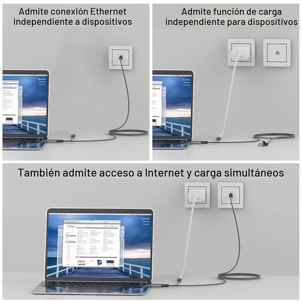 Cable USB-C a Ethernet y carga de 60 W de 15 pies, USBC PD y Gigabit LAN 2