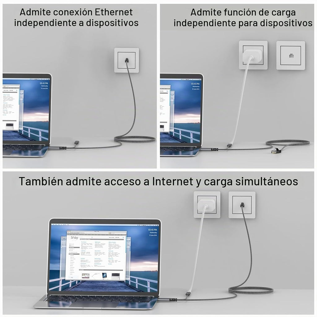 Cable USB-C a Ethernet y carga de 60 W de 10 pies, USBC PD y Gigabit LAN 2