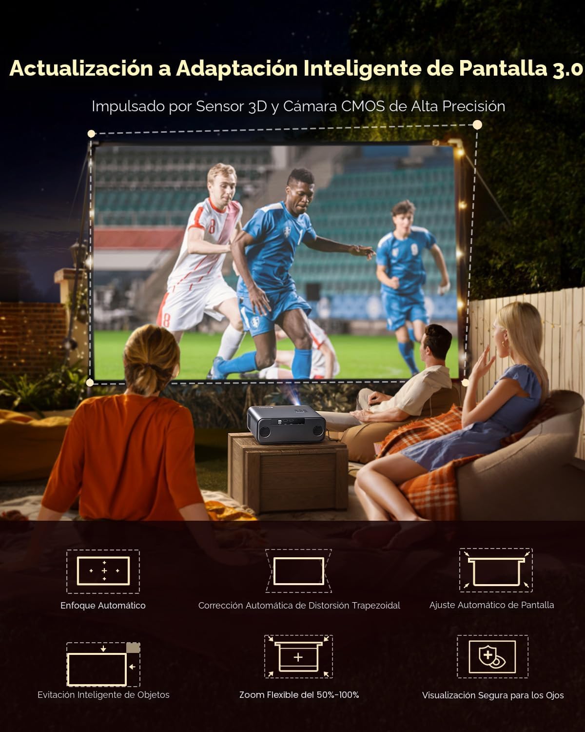 Proyector inteligente para exteriores con WiFi y Bluetooth, soporte 4K y doble altavoz