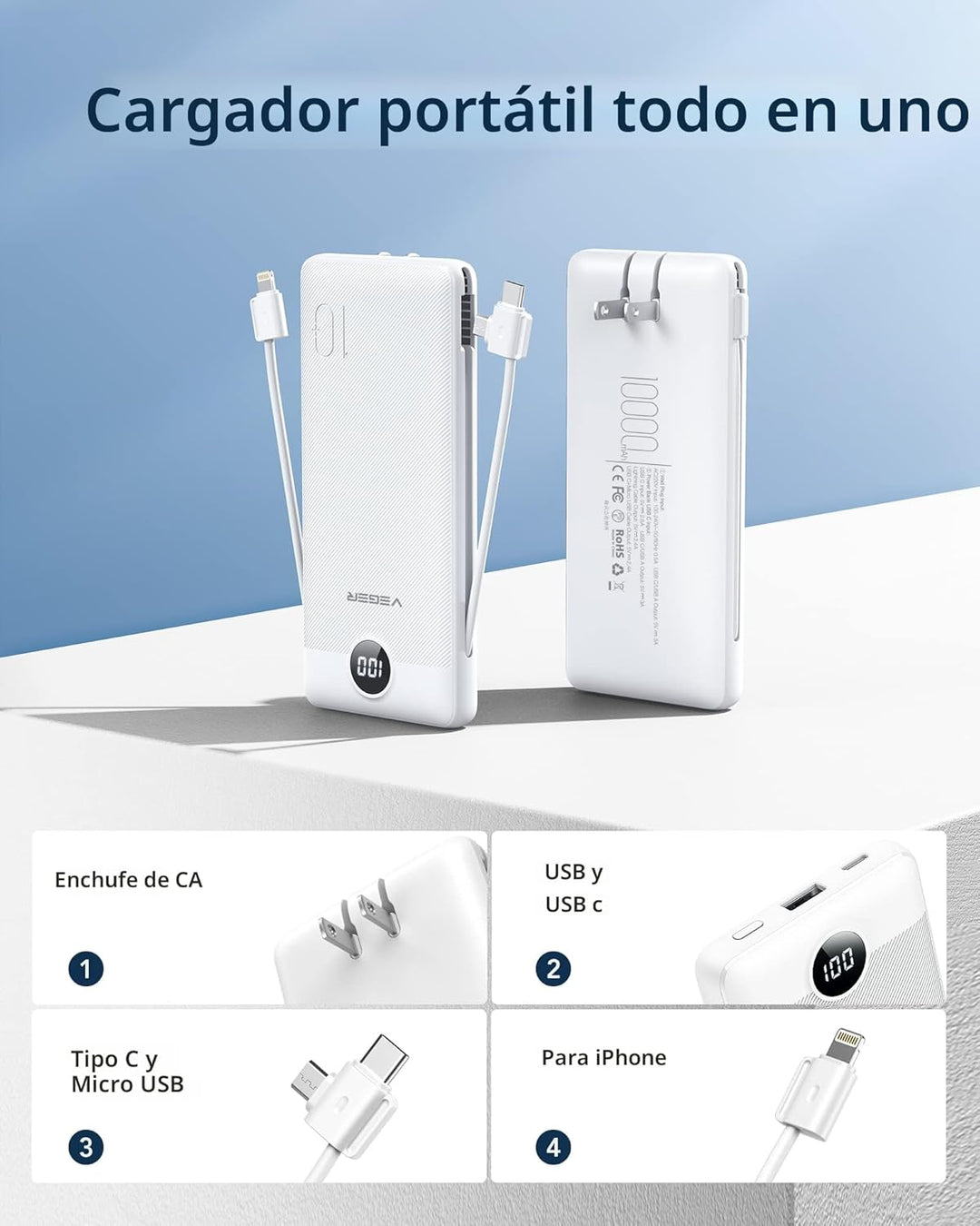 VEGER Cargador portátil para iPhone con cables integrados y enchufe...