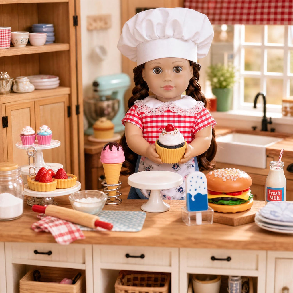 Juego de ropa y accesorios de comida para muñecas de chef