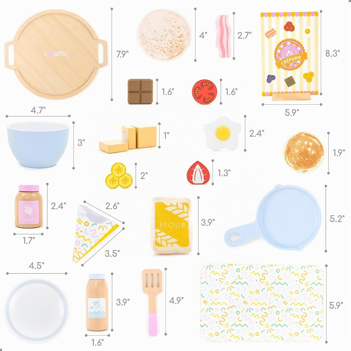 Juego de panqueques de madera – 44 piezas de juguete de cocina con sartén, espátula, jarabe, coberturas y más – Juego de comida de cocina para niños de 3, 4, 5 años