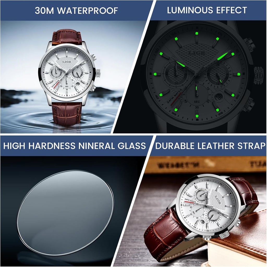 LIGE Reloj de Pulsera de Cuero para Hombres Analógico de Vestir Cronógrafo Impermeable Vintage Trabajo Casual Cuarzo con Calendario Cronógrafo Lúmenes Resistente al Agua 30M Reloj Clásico para Hombres