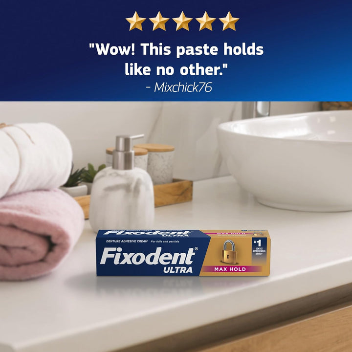 Fixodent Ultra Max Hold Secure - Crema adhesiva para dentaduras pos...
