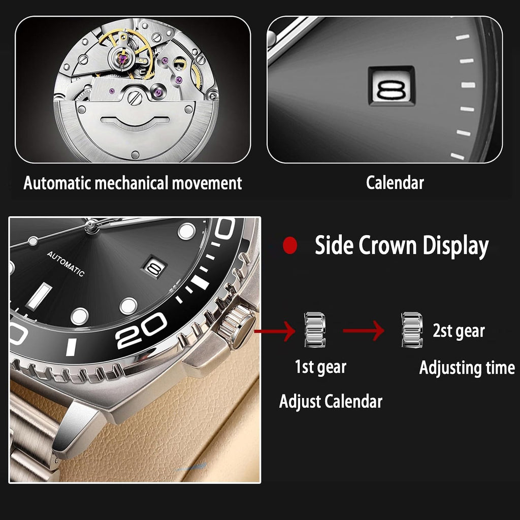 Nuevo reloj mecánico totalmente automático para hombre, calendario de acero inoxidable, bisel giratorio de moda, moda, luz nocturna, impermeable, A8-2