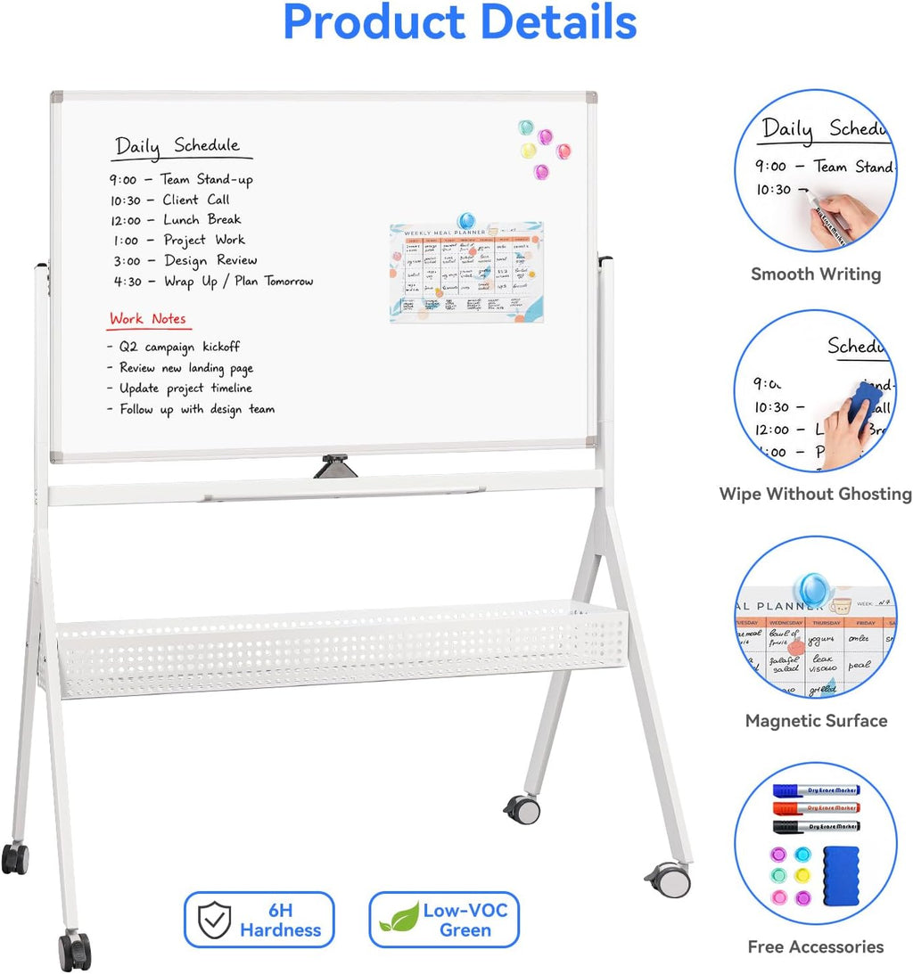 maxtek Pizarra blanca rodante con cesta de almacenamiento, 48 x 30 pulgadas