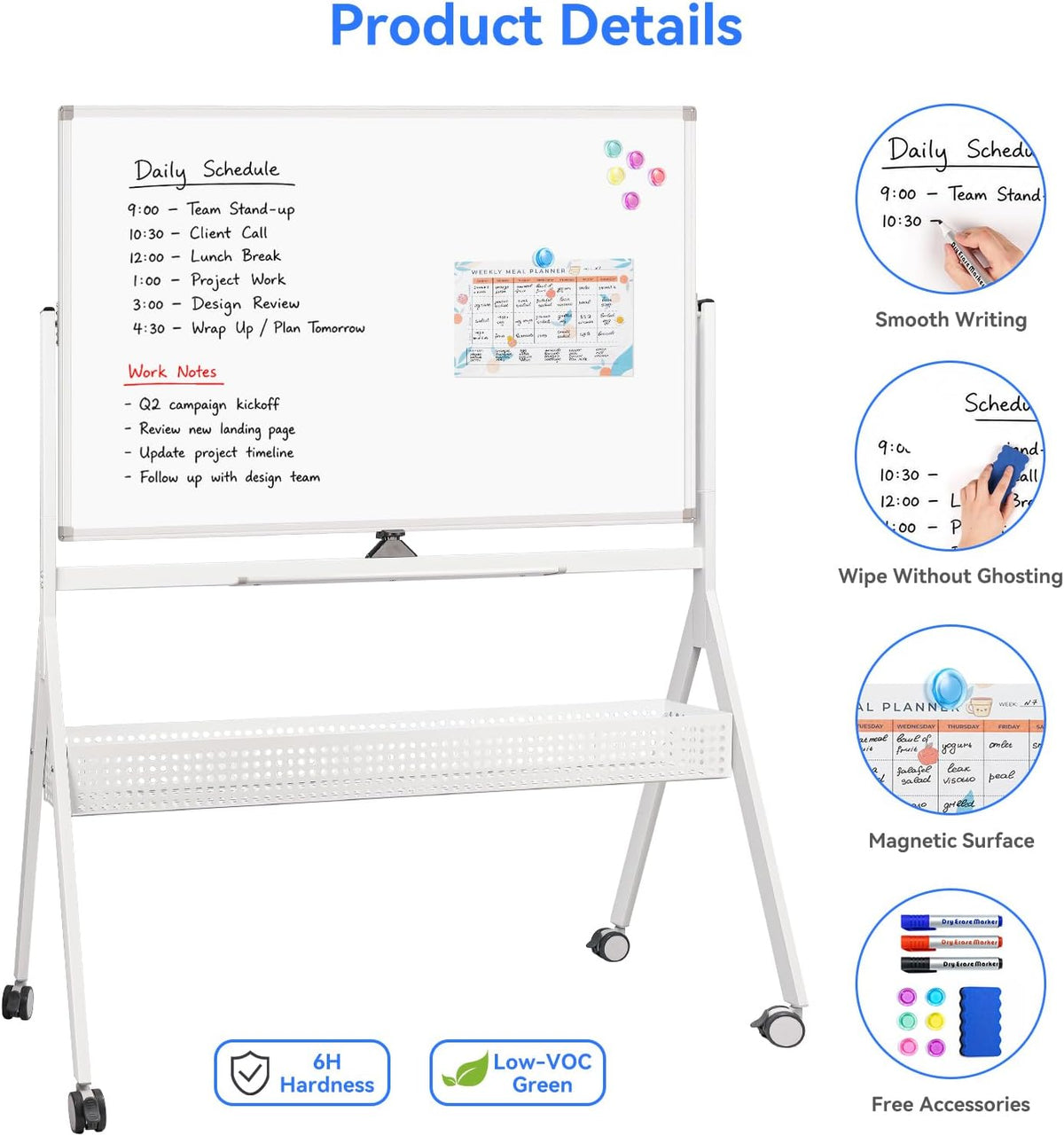 maxtek Pizarra blanca rodante con cesta de almacenamiento, 48 x 30 pulgadas
