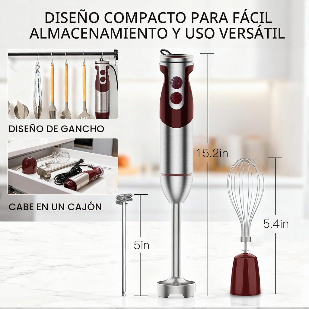MEGAWISE - Batidora de mano de inmersión 3 en 1, batidora de barra de 12 velocidades con turbo, batidor de huevo y espumador de leche para sopas, salsas, batidos y alimentos para bebés, rojo