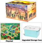 BOLZRA Figuras de animales de safari con tapete de juego de actividades y caja de almacenamiento, juego gigante de plástico realista con león, elefante, selva, zoológico, animales salvajes, juguetes