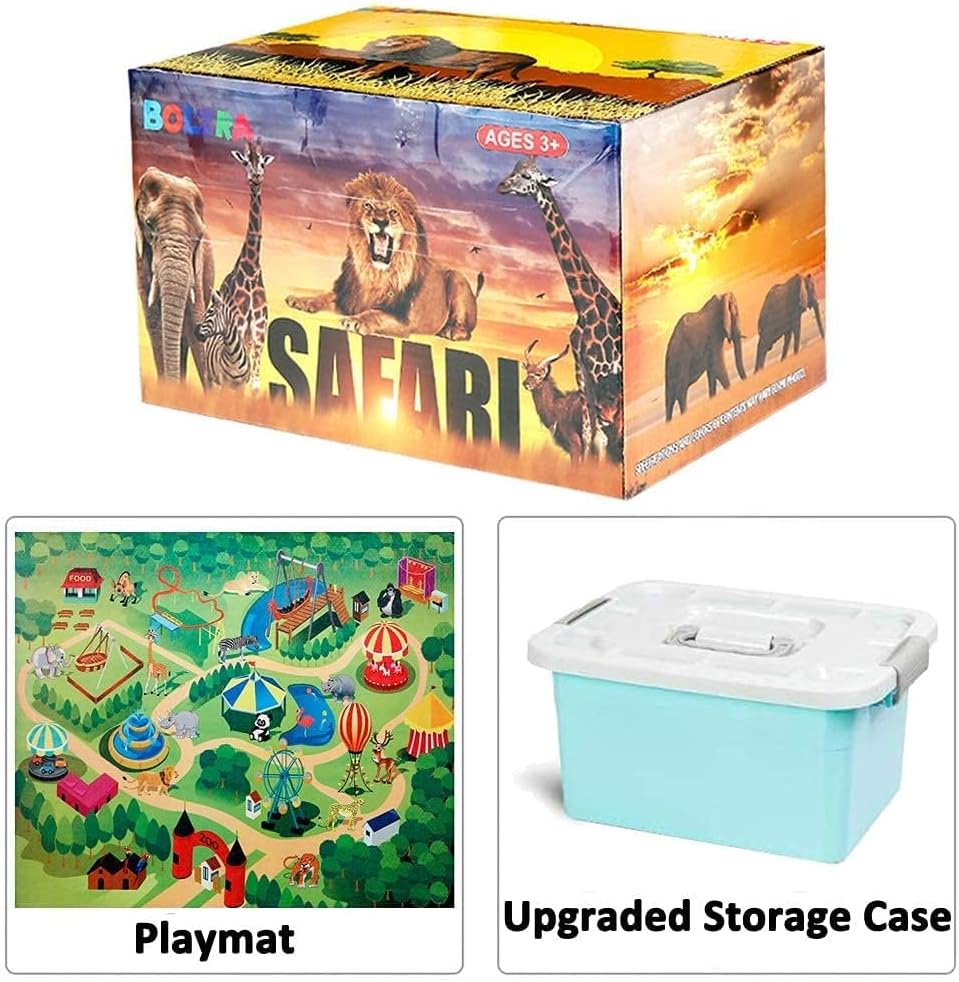 BOLZRA Figuras de animales de safari con tapete de juego de actividades y caja de almacenamiento, juego gigante de plástico realista con león, elefante, selva, zoológico, animales salvajes, juguetes