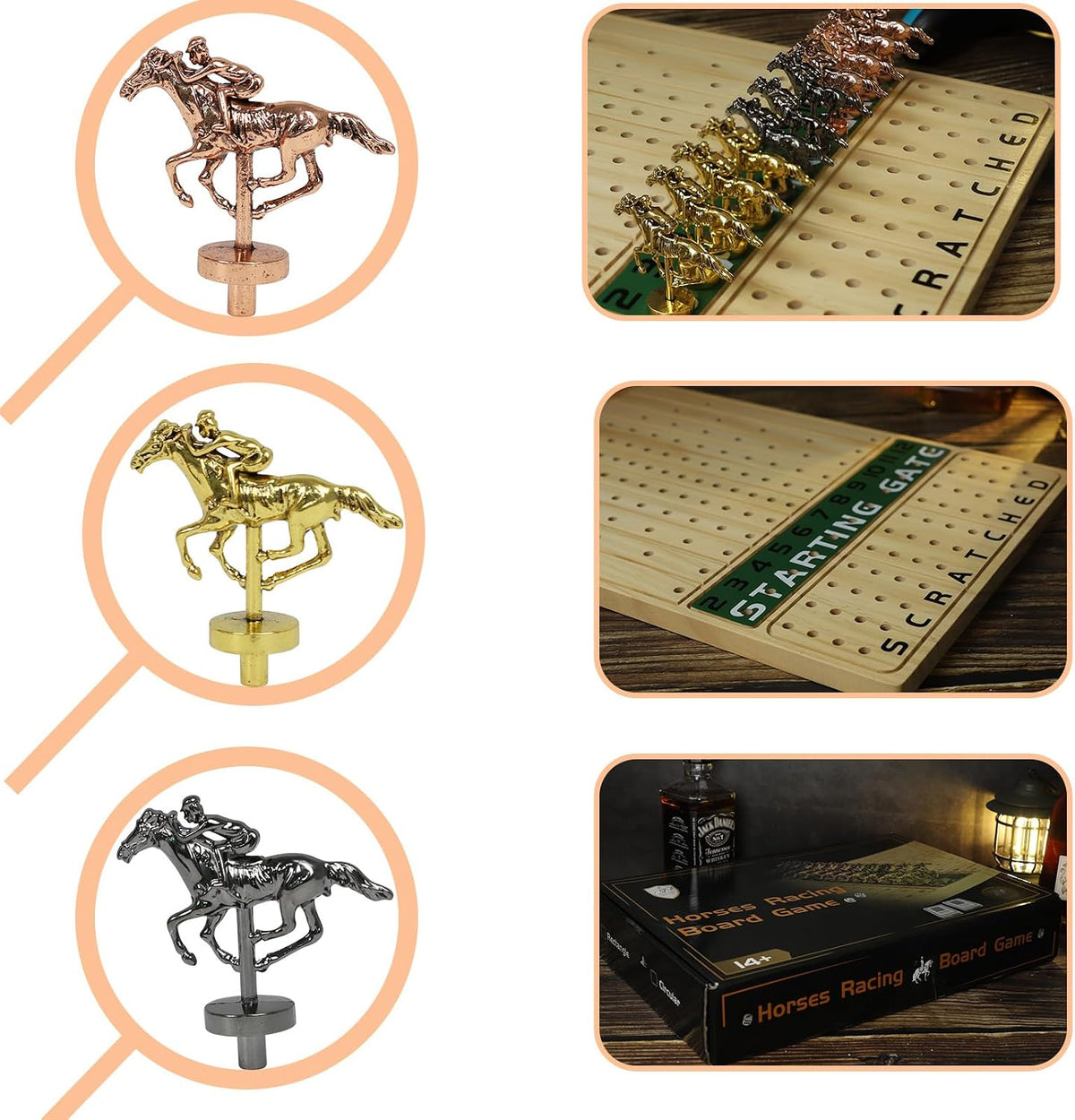 HOROW Juego de mesa de carreras de caballos de metal, juego de mesa Finish Line, edición de lujo, tablero de carreras de madera maciza, 11 lotes de caballos modelo de metal, 2 juegos de dados y 2 cajas de cartas..