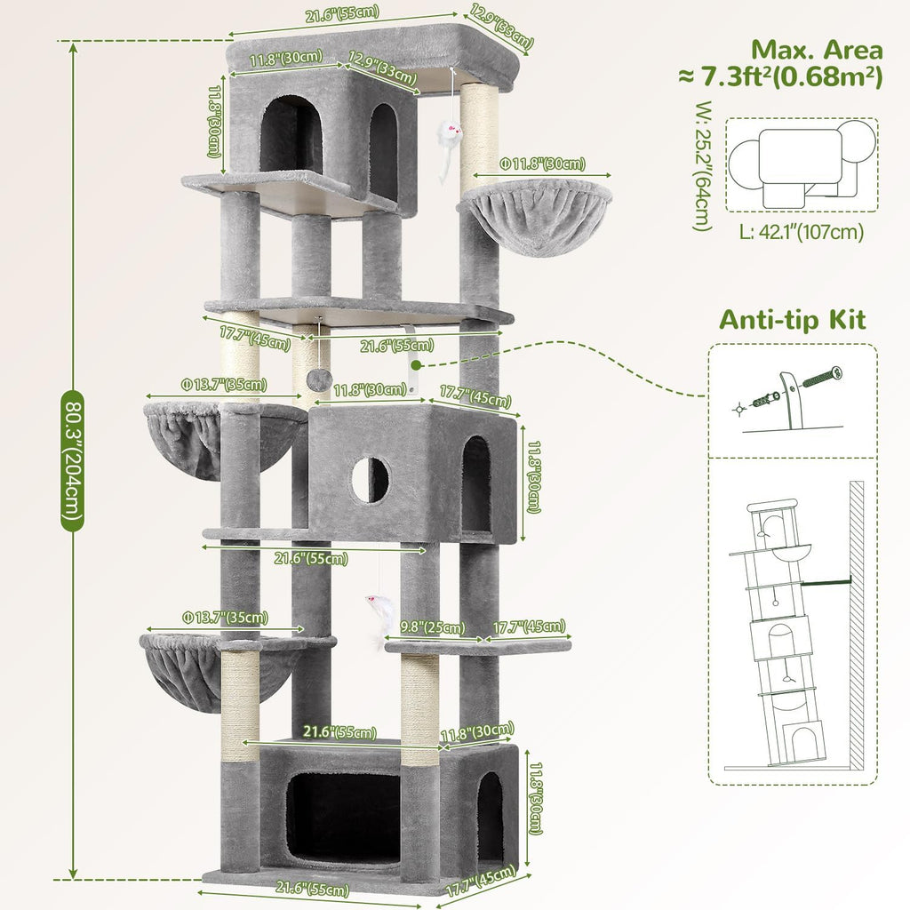 Globlazer Árbol para Gatos Grande, Torre de Escalada de 80 pulgadas de altura, F80F, Gris Claro