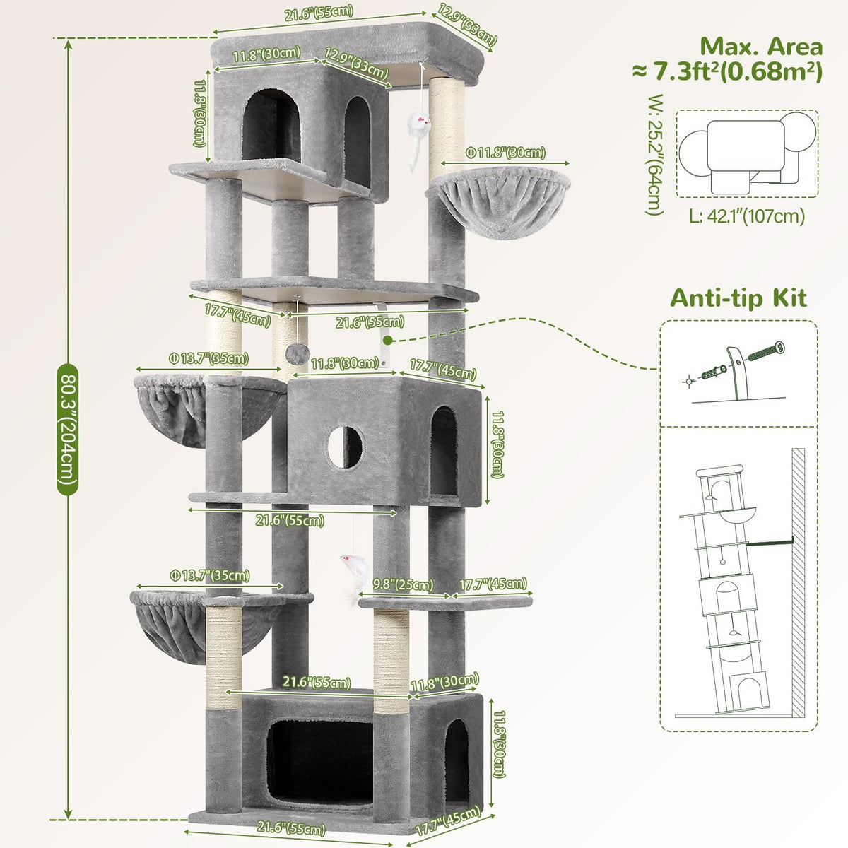 Globlazer Árbol para Gatos Grande, Torre de Escalada de 80 pulgadas de altura, F80F, Gris Claro