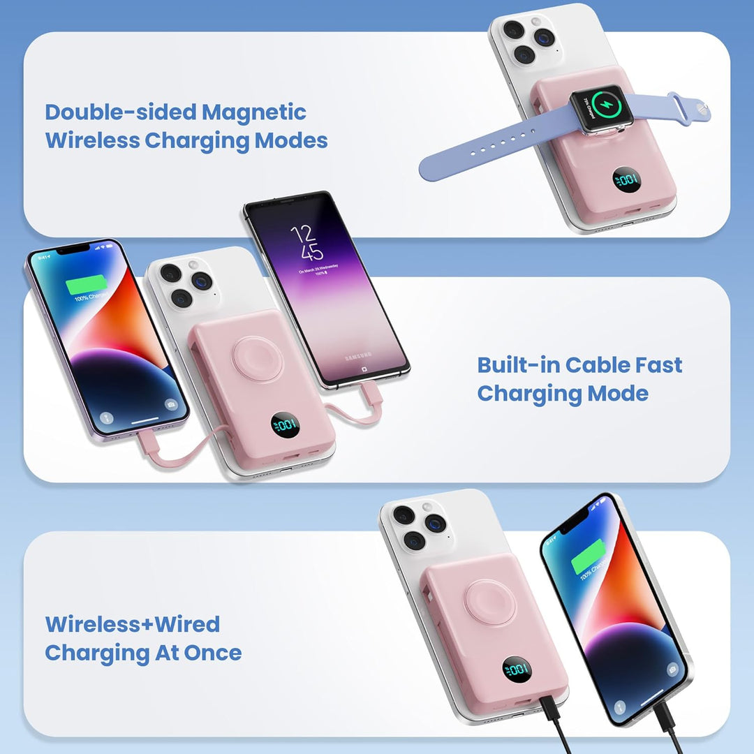 Cargador portátil magnético 6 en 1 para iPhone con cables integrado...