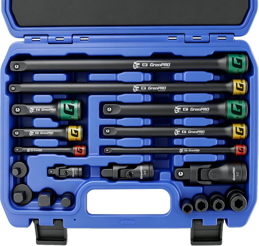 Juego de extensión de impacto 50BV30 de 19 piezas con barras, juntas giratorias, acoplador y adaptadores de unidad de 1/2", 1/4", 3/8"