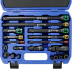 Juego de extensión de impacto 50BV30 de 19 piezas con barras, juntas giratorias, acoplador y adaptadores de unidad de 1/2", 1/4", 3/8"