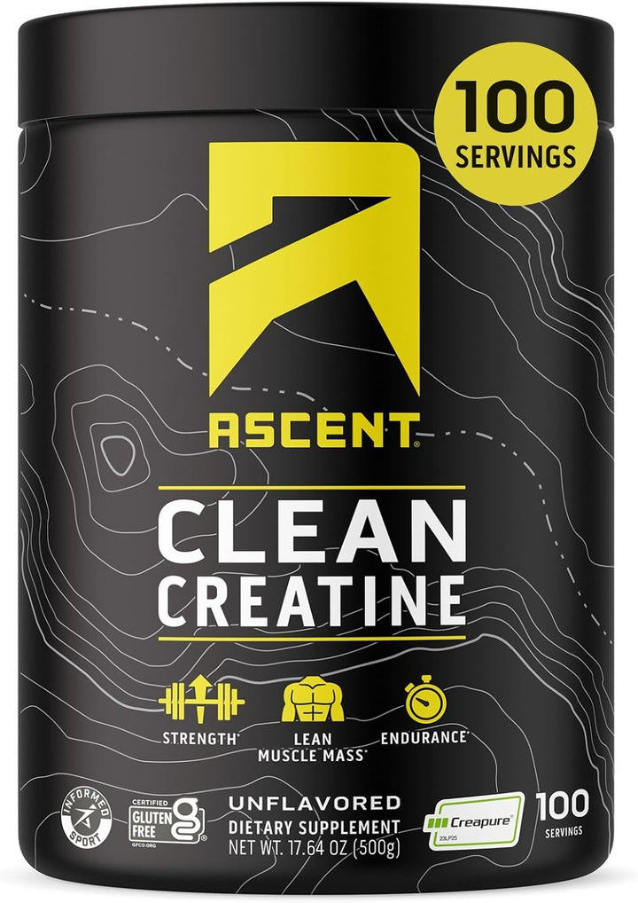 Ascent Monohidrato de creatina limpia, sin sabor, 100 porciones
