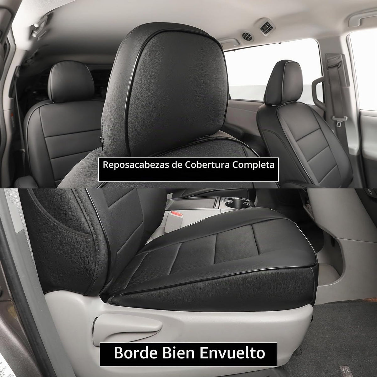 EKR - Funda de asiento para vehículo, 8 asientos, 2da fila con división 424, juego completo, tres filas, cuero, color negro