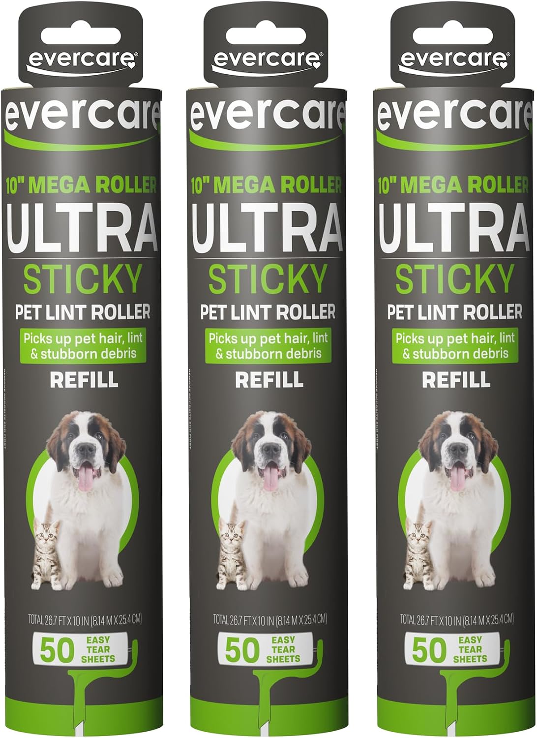 Evercare Paquete de 3 Recargas de Rodillo de Pelo Multiusos Oversized Mega, 50 Hojas Cada una