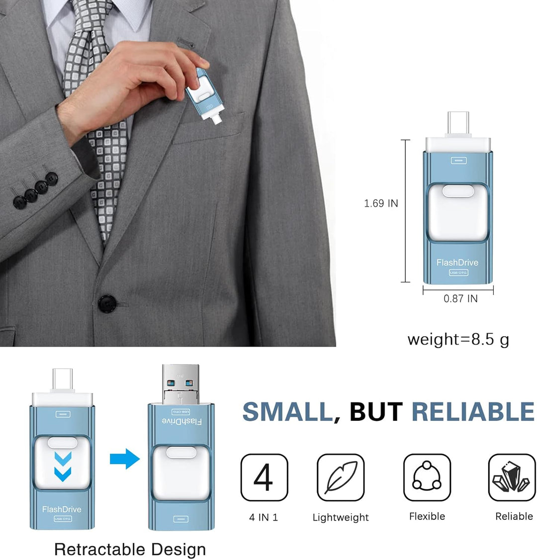 Unidad flash para iPhone 256GB, 4 en 1 memoria USB tipo C, memoria...