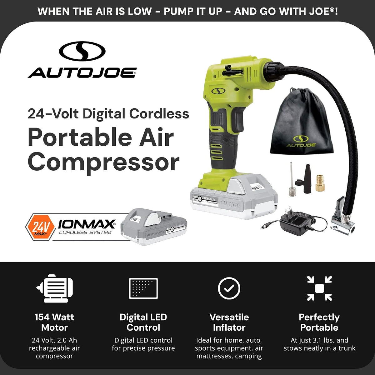Auto Joe - Kit de compresor 24V-AJC-LTE de aire portátil inalámbric...