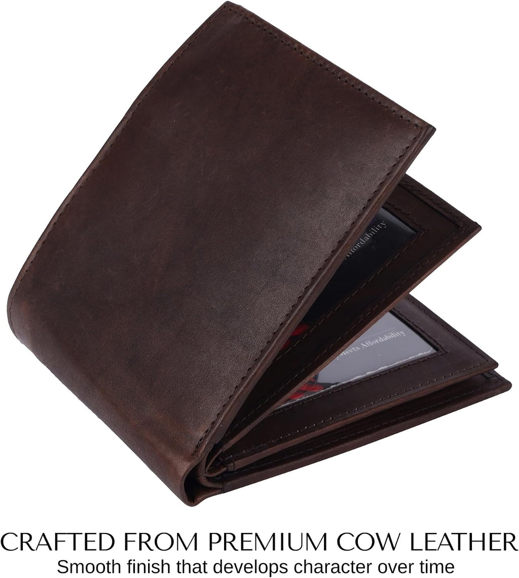 Billetera de cuero plegable para hombre con 3 ventanas para identificación