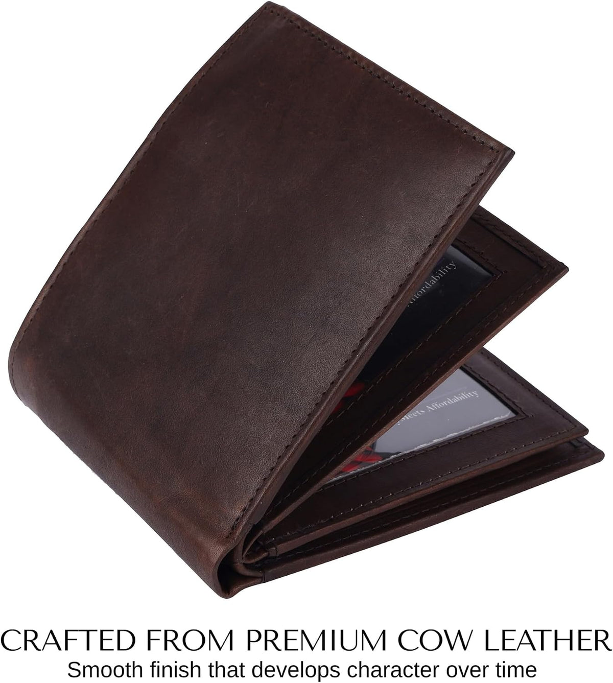 Billetera de cuero plegable para hombre con 3 ventanas para identificación