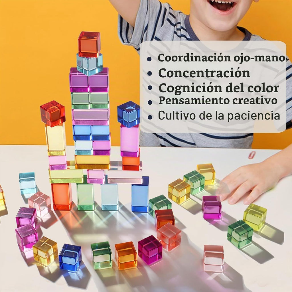 Juego de 30 bloques acrílicos mixtos – 10 largos (1.0 x 1.0 x 2.0 in) + 20 cubos (1.0 x 1.0 x 1.0 in), bloques de gemas arcoíris, juguete apilable sensorial para niños y niñas de 1, 2, 3, 4 años