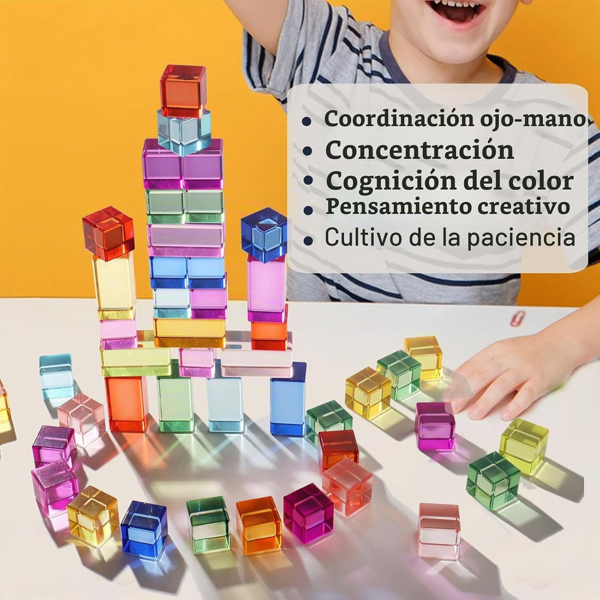 Juego de 30 bloques acrílicos mixtos – 10 largos (1.0 x 1.0 x 2.0 in) + 20 cubos (1.0 x 1.0 x 1.0 in), bloques de gemas arcoíris, juguete apilable sensorial para niños y niñas de 1, 2, 3, 4 años