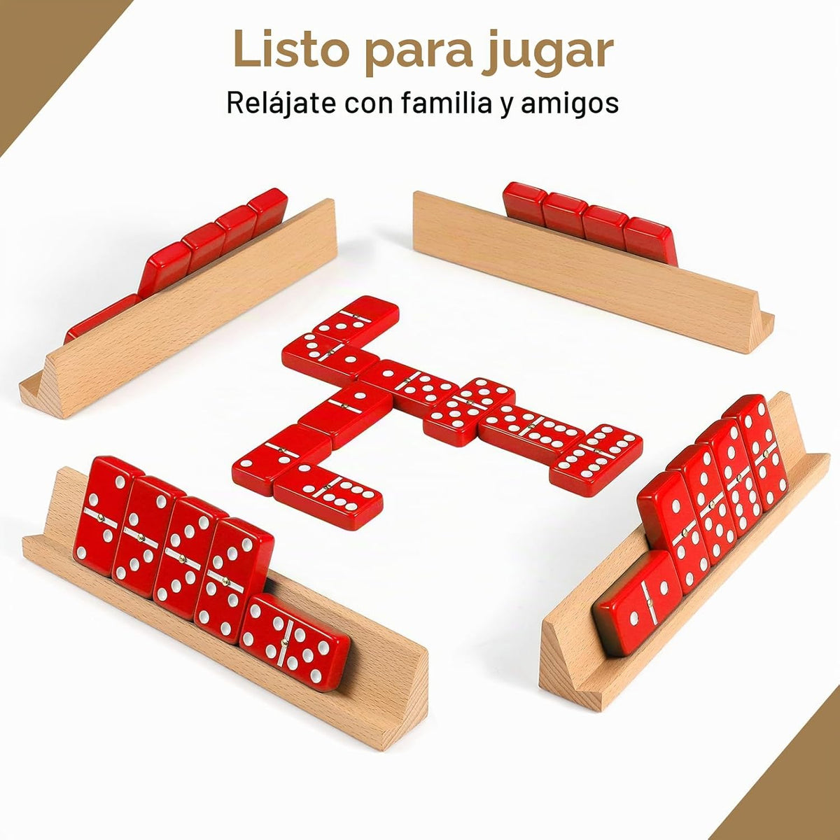 Juego de dominó jumbo para adultos con 4 bastidores de madera/bandejas, juego de viaje de 6 dominó dobles con funda portátil, juego de dominó doble de seis con 4 soportes para azulejos, juego de dominó de 28 azulejos para juegos de mesa familiares