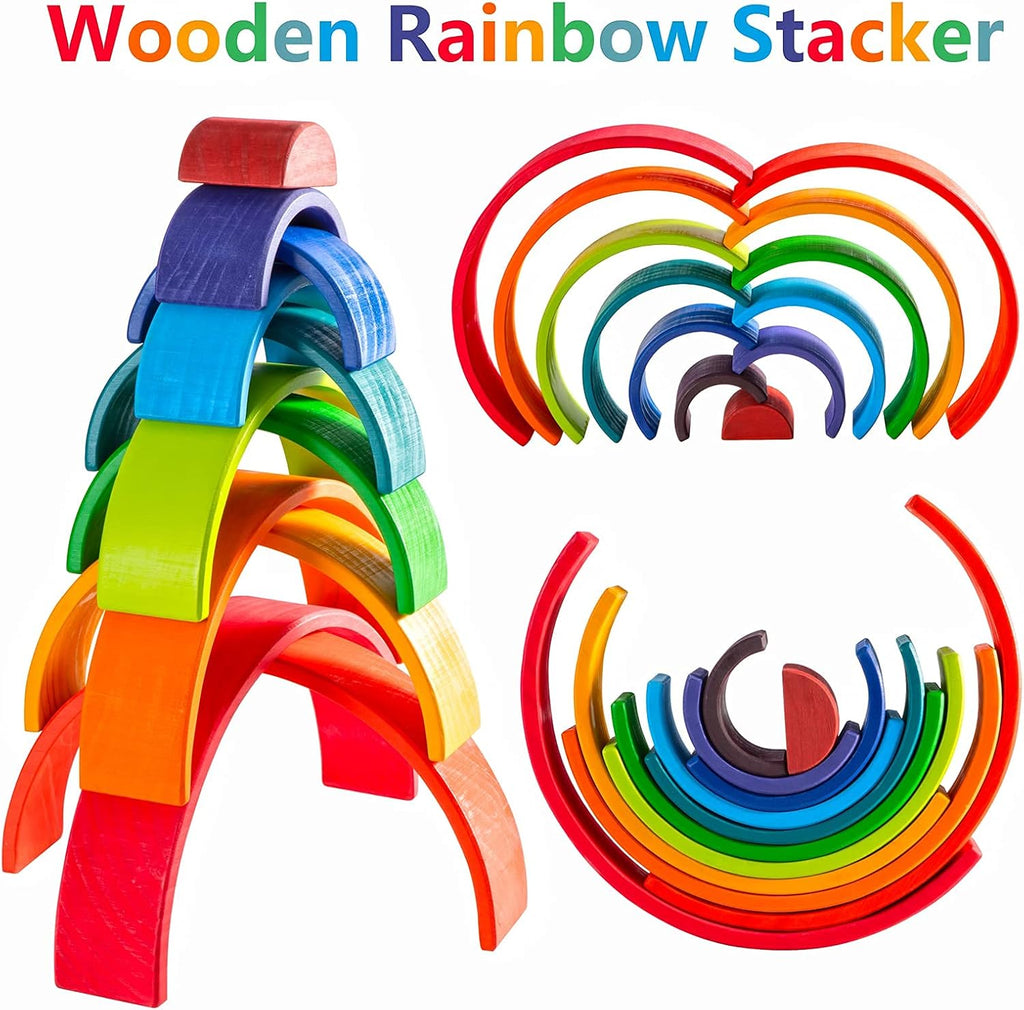 Juguete apilable de madera arco iris, juego de 12 bloques de construcción de madera, juguetes Waldorf para niños pequeños, juguete educativo a juego de aprendizaje