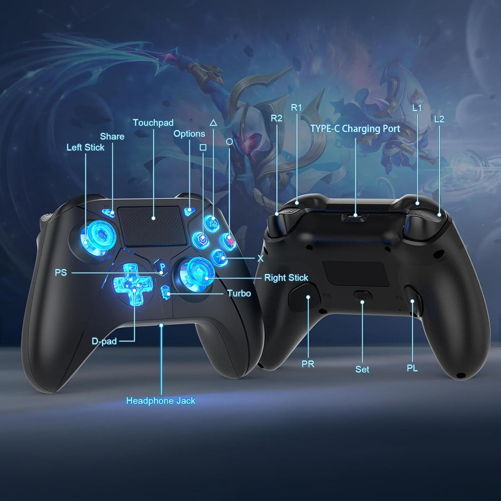 Dinosoo Controlador inalámbrico RGB con luz LED y botones traseros de reasignación, turbo ajustable, adaptador 2.4G para PS5, PC